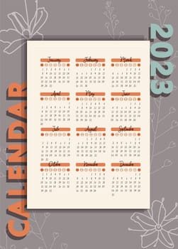 Fashion calendar 2023. VERTICAL ORIENTATION. A4 FORMAT. Calendar on a gray background. Print ready.