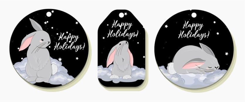 tags for christmas gifts. Happy holidays inscription. Year of the rabbit 2023. Gift tags with rabbits. Gift wrapping.