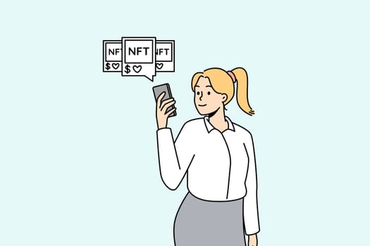 Woman with NFT picture and token items. Businesswoman explore blockchain or cryptocurrency artwork. Vector illustration.