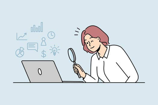 Woman looking at laptop screen with magnifying glass exploring online perspectives and opportunities. Female use magnifier discover options on internet on computer.
