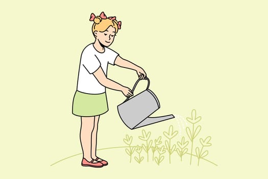 Little girl child holding can watering flowers in garden. Happy kid take care of plants outside. Gardening and horticulture. Vector illustration.