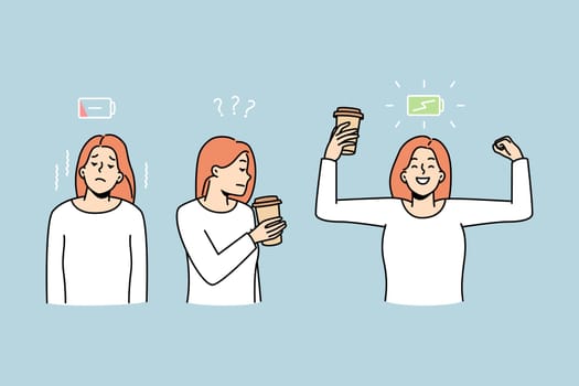 Woman before and after drinking coffee. Female get energy from hot espresso. Active life and caffeine refreshment. Vector illustration.