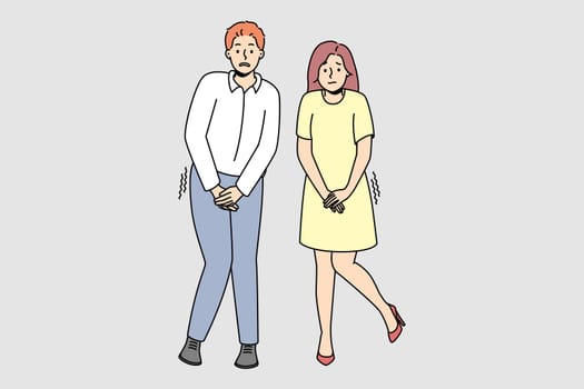 Man and woman want to pee. Couple suffer from urinary infection or health problem. Healthcare concept. Vector illustration.