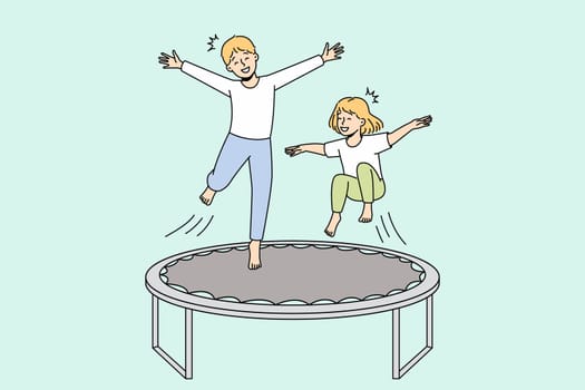 Overjoyed small kids have fun jumping on trampoline outdoors. Smiling little children enjoy playing outside involved in funny playful game. Childhood leisure. Vector illustration.