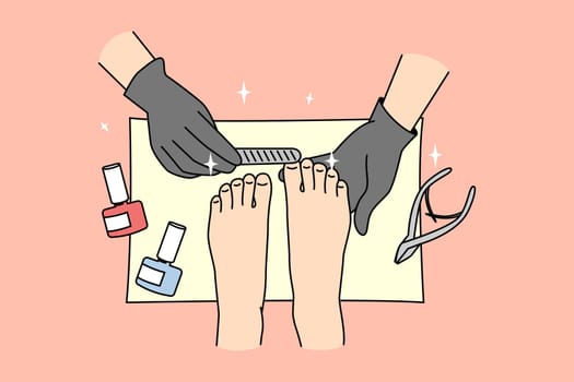 Closeup of woman get pedicure in salon. Female client care about hygiene and look of toe nails. Beauty concept. Vector illustration.
