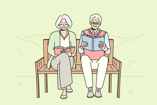Joyful mature couple sit on bench in pack reading books. Smiling old man and woman relax outside enjoy literature. Happy maturity and hobby. Vector illustration.