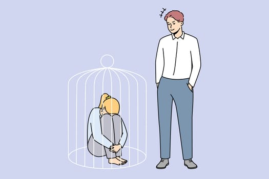 Authoritarian man lock woman in cage. Wife suffer from domestic violence and no rights. Toxic relationships concept. Vector illustration.