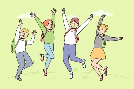 Happy children with backpacks jumping having fun outdoors. Smiling kids enjoy school vacation. Childhood leisure concept. Vector illustration.