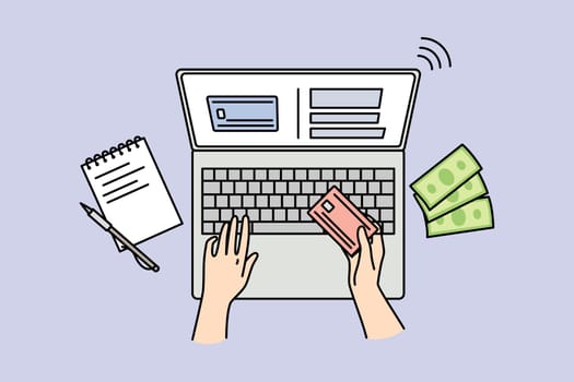 Closeup of person shopping online on laptop paying with credit card. Client make internet payment on computer. Web banking concept. Vector illustration.