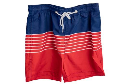 Mens shorts isolated. Trendy stylish short pants with white ribbon for swimming isolated on a white background. Fashionable red short pants. Swimwear for man.