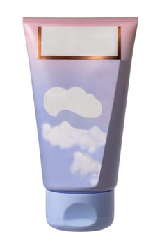 Cosmetics labels isolated. Close-up of a light blue pink tube cosmetic cream with a skin care product for face or other products with a empty label isolated on a white background. Macro.
