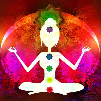 Yoga lotus pose. Padmasana with colored chakra points.