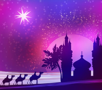 Classic three magic scene and shining star of Bethlehem