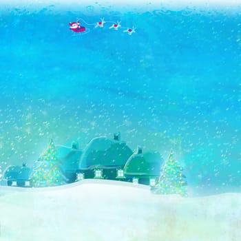 Happy New year card with Santa and winter landscape