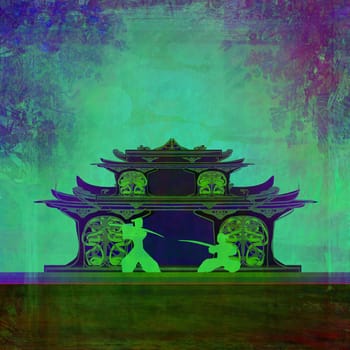 Samurai silhouette in Asian Landscape