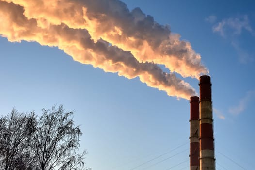 white smoke is coming out of the pipes in the blue sky. High quality photo