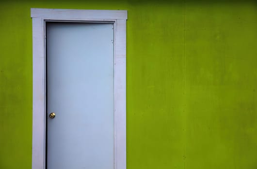 white door on green background copy space empty wall enter success choice solution