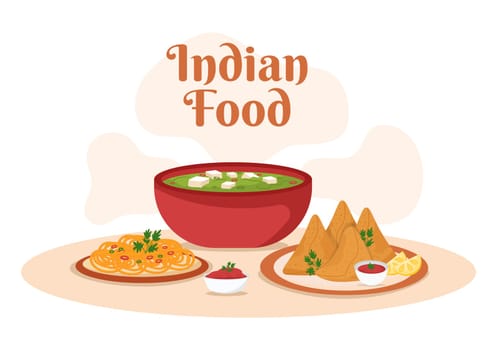 Indian Food Cartoon Illustration with Various Collection of Delicious Traditional Cuisine Dishes in Flat Style Design