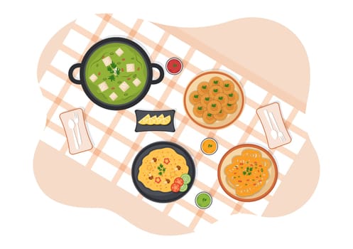 Indian Food Cartoon Illustration with Various Collection of Delicious Traditional Cuisine Dishes in Flat Style Design