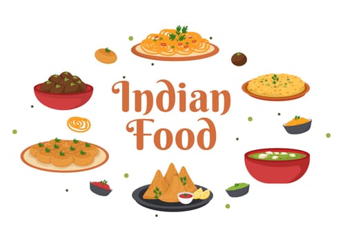 Indian Food Cartoon Illustration with Various Collection of Delicious Traditional Cuisine Dishes in Flat Style Design