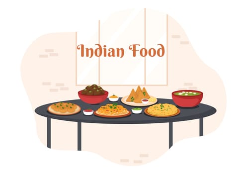 Indian Food Cartoon Illustration with Various Collection of Delicious Traditional Cuisine Dishes in Flat Style Design