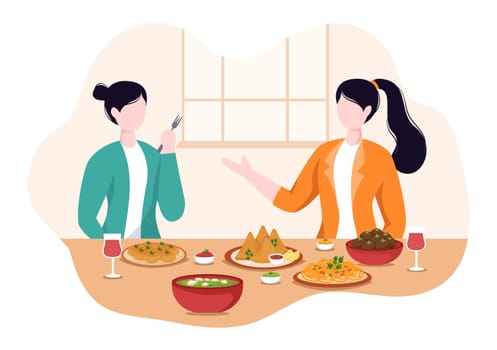 Indian Food Cartoon Illustration with Various Collections of Delicious Traditional Cuisine and Some People Eating it in a Restaurant