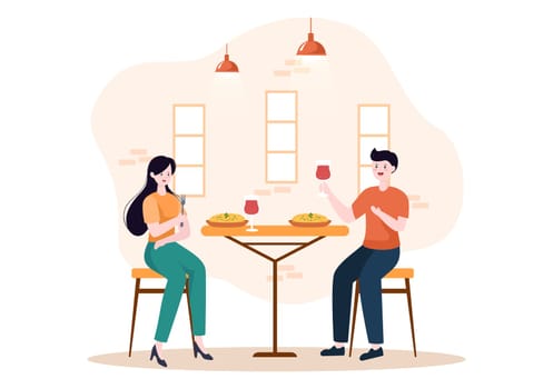 Indian Food Cartoon Illustration with Various Collections of Delicious Traditional Cuisine and Some People Eating it in a Restaurant