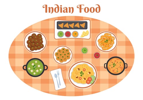 Indian Food Cartoon Illustration with Various Collection of Delicious Traditional Cuisine Dishes in Flat Style Design