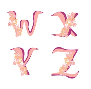 Vector spring alphabet with flowers letters W,X,Y,Z