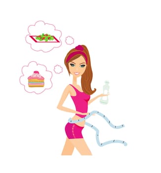 healthy girl measuring her waist