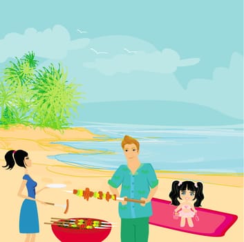 Happy family with barbecue outdoors