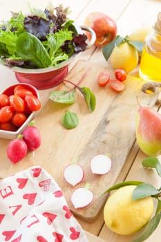 Ingredients for fresh salad with apple and feta