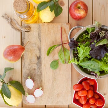 Ingredients for fresh salad with apple and feta