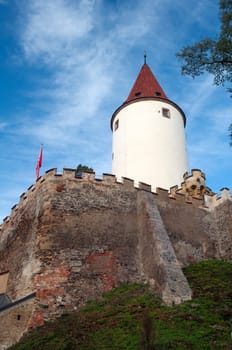 Medieval castle tower and defensive wall in Central Bohemia, Czech Republic.