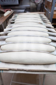 Baker putting kaiser roll dough into the oven. Manufacturing process of spanish bread