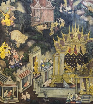 Ancient Buddhist temple mural painting of the life of Buddha inside of Wat Pho in Bangkok, Thailand