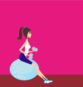 Woman working out with dumbbells on fitness ball