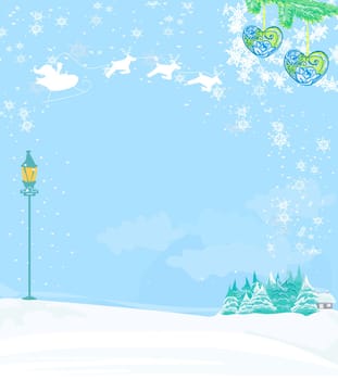 Happy New year card with Santa and winter landscape