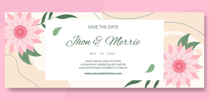 Floral Wedding Cover Template Flat Cartoon Background Vector Illustration