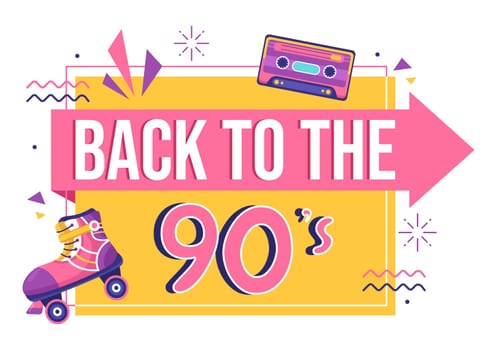 90s Retro Party Cartoon Background Illustration with Nineties Music, Sneakers, Radio, Dance Time and Tape Cassette in Trendy Flat Style Design