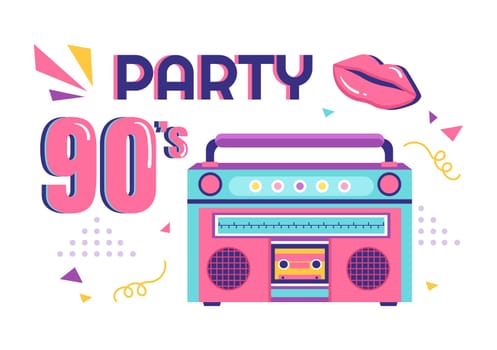 90s Retro Party Cartoon Background Illustration with Nineties Music, Sneakers, Radio, Dance Time and Tape Cassette in Trendy Flat Style Design