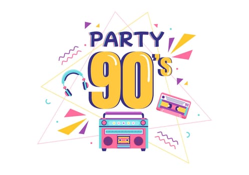 90s Retro Party Cartoon Background Illustration with Nineties Music, Sneakers, Radio, Dance Time and Tape Cassette in Trendy Flat Style Design