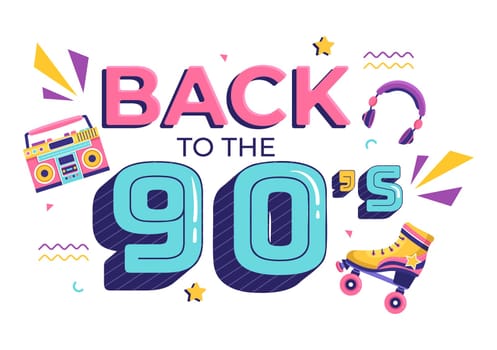 90s Retro Party Cartoon Background Illustration with Nineties Music, Sneakers, Radio, Dance Time and Tape Cassette in Trendy Flat Style Design