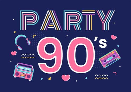 90s Retro Party Cartoon Background Illustration with Nineties Music, Sneakers, Radio, Dance Time and Tape Cassette in Trendy Flat Style Design