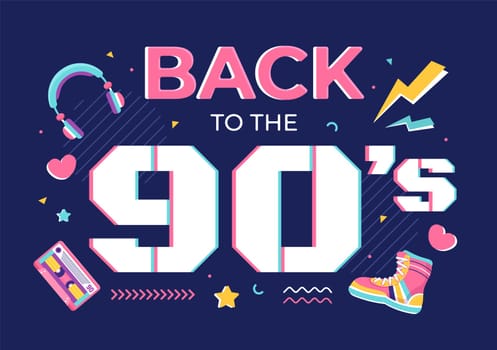 90s Retro Party Cartoon Background Illustration with Nineties Music, Sneakers, Radio, Dance Time and Tape Cassette in Trendy Flat Style Design