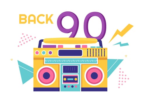 90s Retro Party Cartoon Background Illustration with Nineties Music, Sneakers, Radio, Dance Time and Tape Cassette in Trendy Flat Style Design