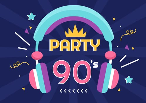 90s Retro Party Cartoon Background Illustration with Nineties Music, Sneakers, Radio, Dance Time and Tape Cassette in Trendy Flat Style Design