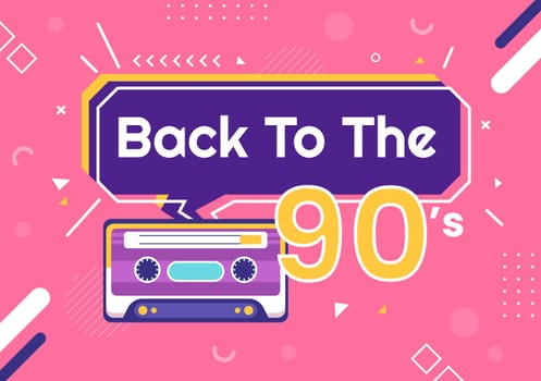 90s Retro Party Cartoon Background Illustration with Nineties Music, Sneakers, Radio, Dance Time and Tape Cassette in Trendy Flat Style Design