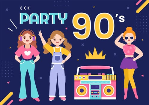 90s Retro Party Cartoon Background Illustration with Music, Sneakers, Radio and People of Dancing Time in Trendy Flat Style Design