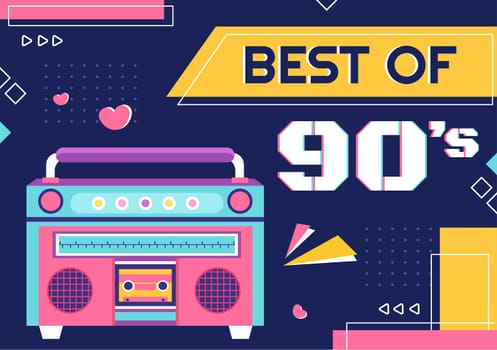 90s Retro Party Cartoon Background Illustration with Nineties Music, Sneakers, Radio, Dance Time and Tape Cassette in Trendy Flat Style Design
